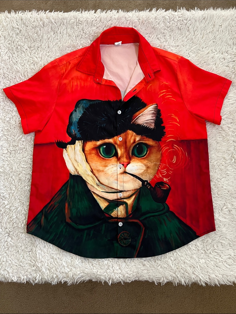 Cat Vincent Van Gogh Paint Shirt Button Down Size Large Gift